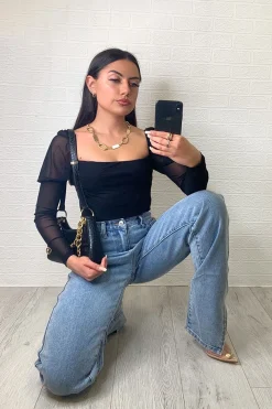 Rebellious Fashion Black Ruched Body Mesh Sleeve Bodysuit - Raeya