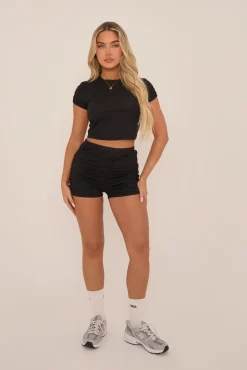 Rebellious Fashion Black Ruched Bum Rib Top and Short Co-Ord - April