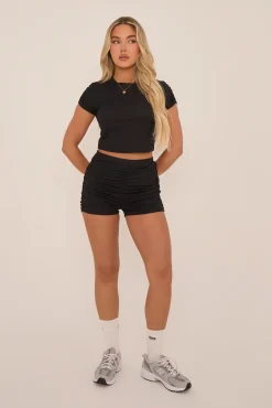 Rebellious Fashion Black Ruched Bum Rib Top and Short Co-Ord - April
