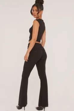 Rebellious Fashion Black Ruched Cropped Top & Trousers Co-ord Set - Edie