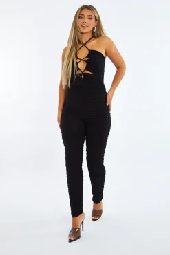 Rebellious Fashion Black Ruched Lace Up Front Jumpsuit - Lena