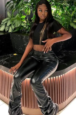Rebellious Fashion Black Ruched Leg PU Trousers - Nyla