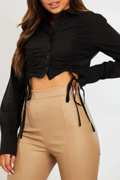 Rebellious Fashion Black Ruched Middle Cropped Shirt - Brogann