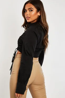 Rebellious Fashion Black Ruched Middle Cropped Shirt - Brogann