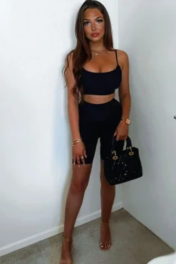 Rebellious Fashion Black Ruched Panel Crop Top + Cycling Shorts Co-ord - Zariah