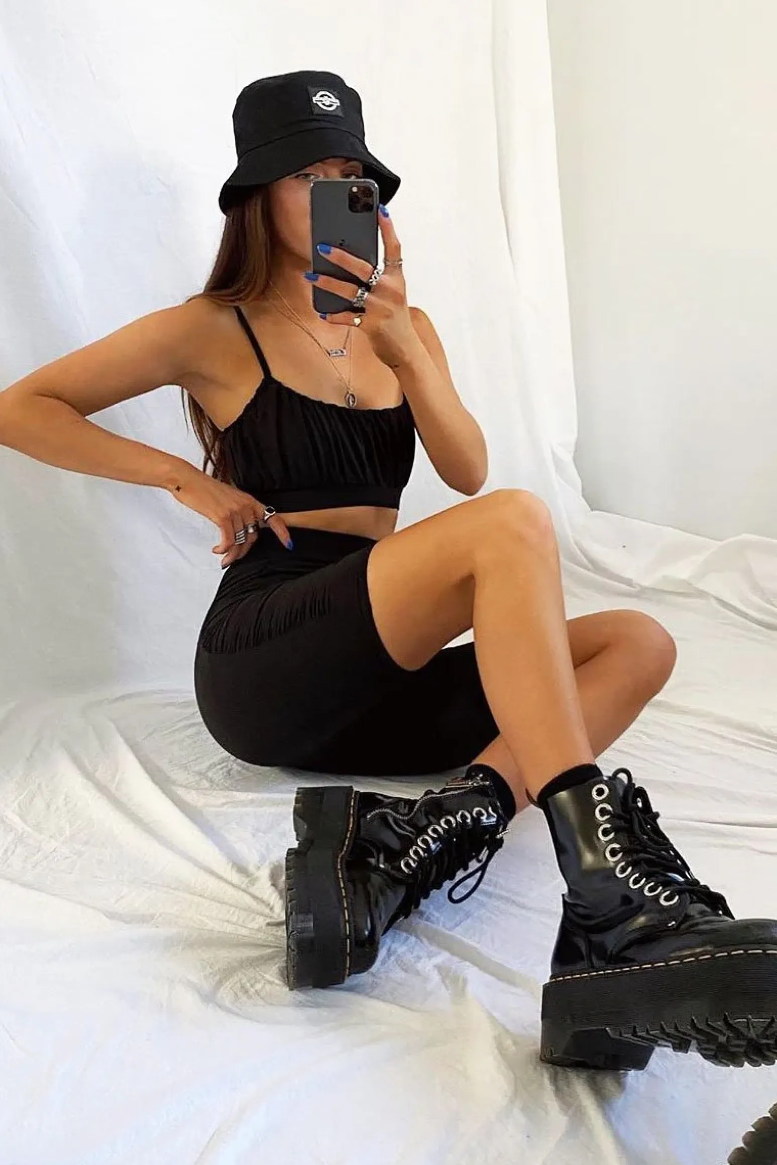 Rebellious Fashion Black Ruched Panel Crop Top + Cycling Shorts Co-ord - Zariah