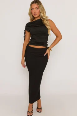 Rebellious Fashion Black Ruched Side Off The Shoulder Top - Amalia