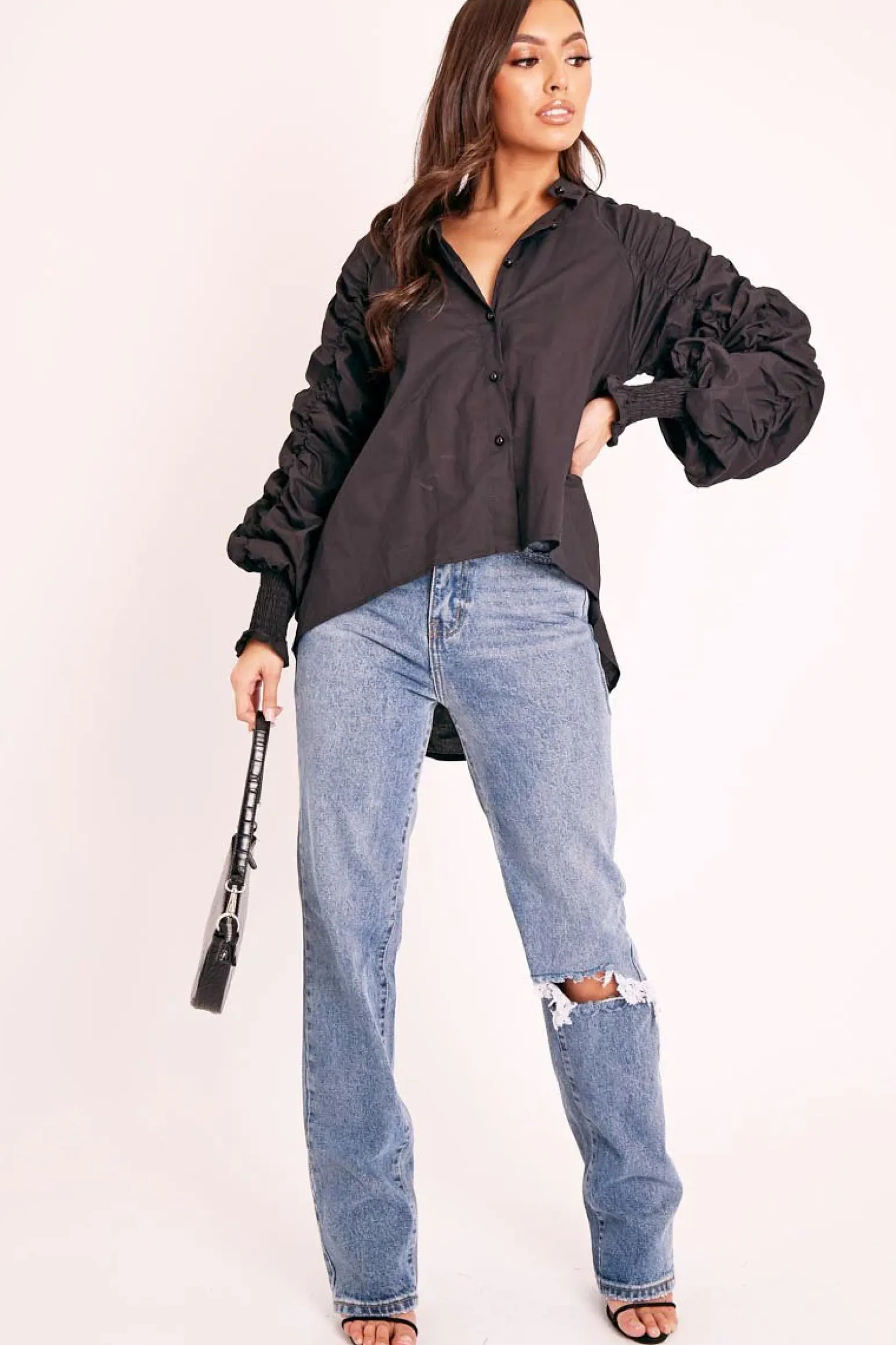 Rebellious Fashion Black Ruched Sleeve Collarless Shirt - Sarah
