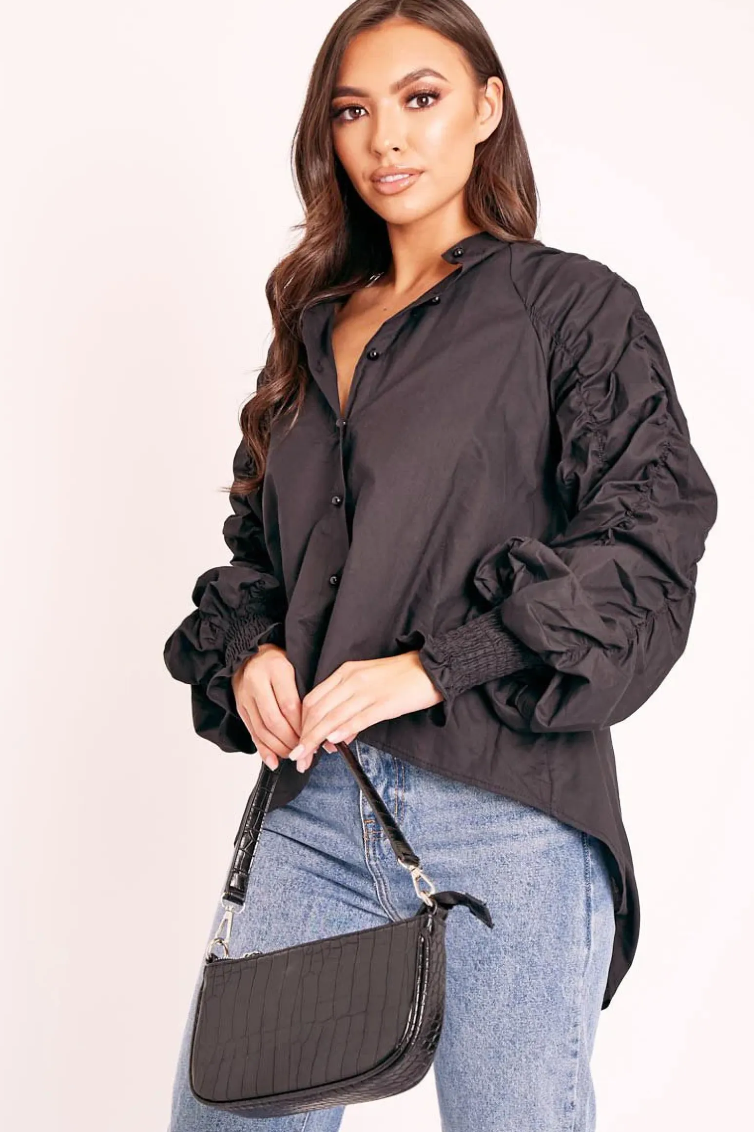 Rebellious Fashion Black Ruched Sleeve Collarless Shirt - Sarah