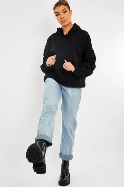 Rebellious Fashion Black Ruched Sleeve Oversized Hoodie - Dezi