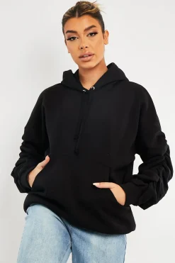 Rebellious Fashion Black Ruched Sleeve Oversized Hoodie - Dezi