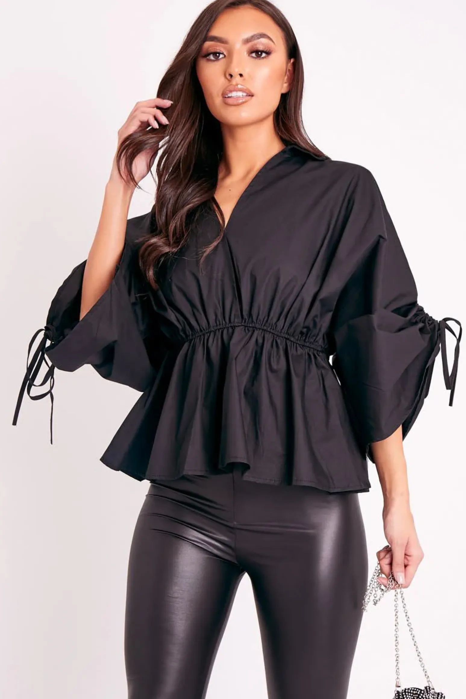 Rebellious Fashion Black Ruched Waist Plunge Neckline Kimono Sleeve Shirt - Eilene