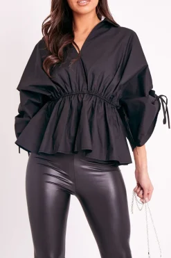 Rebellious Fashion Black Ruched Waist Plunge Neckline Kimono Sleeve Shirt - Eilene