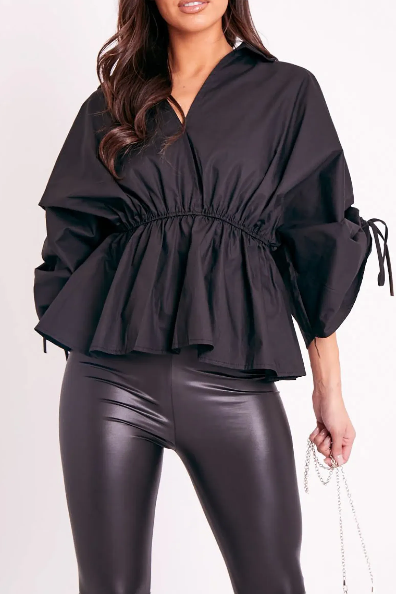 Rebellious Fashion Black Ruched Waist Plunge Neckline Kimono Sleeve Shirt - Eilene