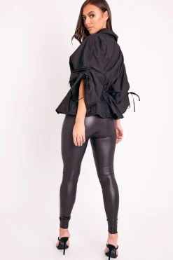 Rebellious Fashion Black Ruched Waist Plunge Neckline Kimono Sleeve Shirt - Eilene