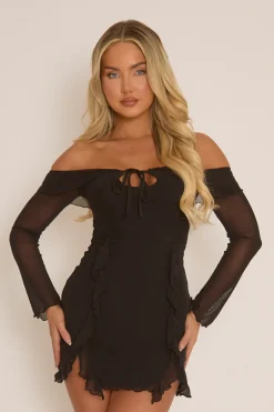 Rebellious Fashion Black Ruffle Bardot Long Sleeve Mini Dress - Tallulah