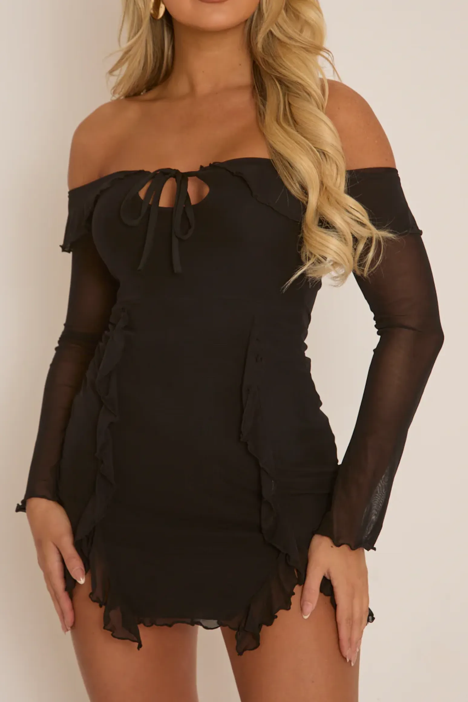 Rebellious Fashion Black Ruffle Bardot Long Sleeve Mini Dress - Tallulah