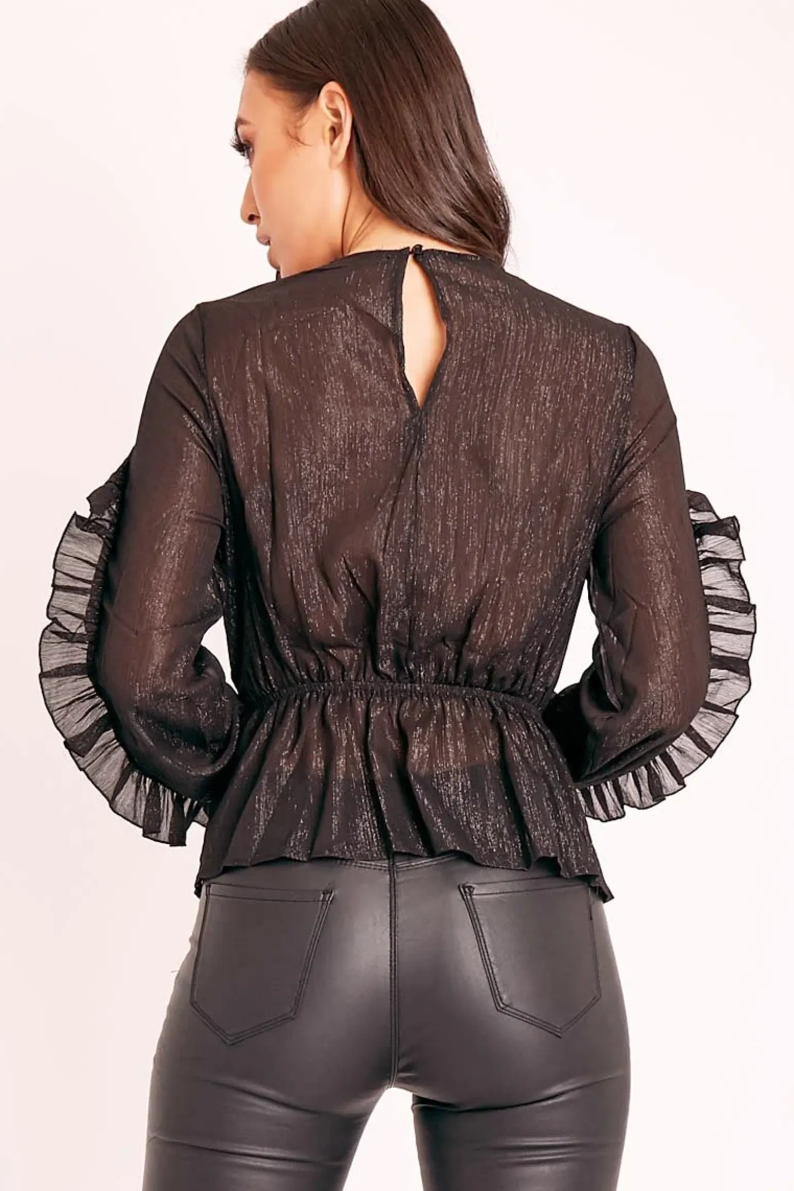 Rebellious Fashion Black Ruffle Belted Waist Metallic Finish Blouse - Betsey