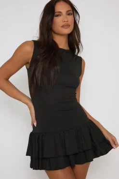 Rebellious Fashion Black Ruffle Hem Mini Dress - Naila