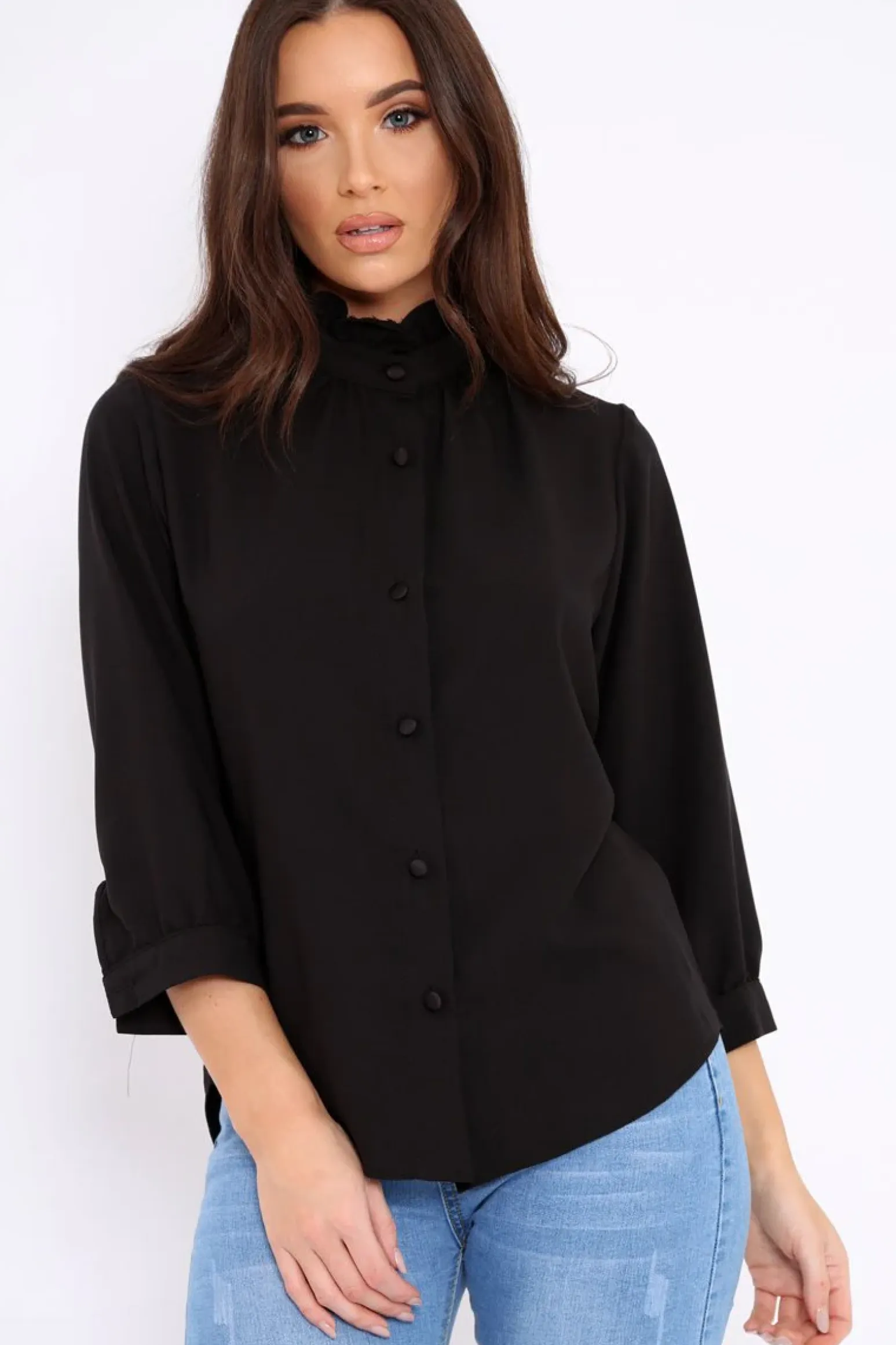 Rebellious Fashion Black Ruffle Neck Blouse with Cut out Back - Amelie