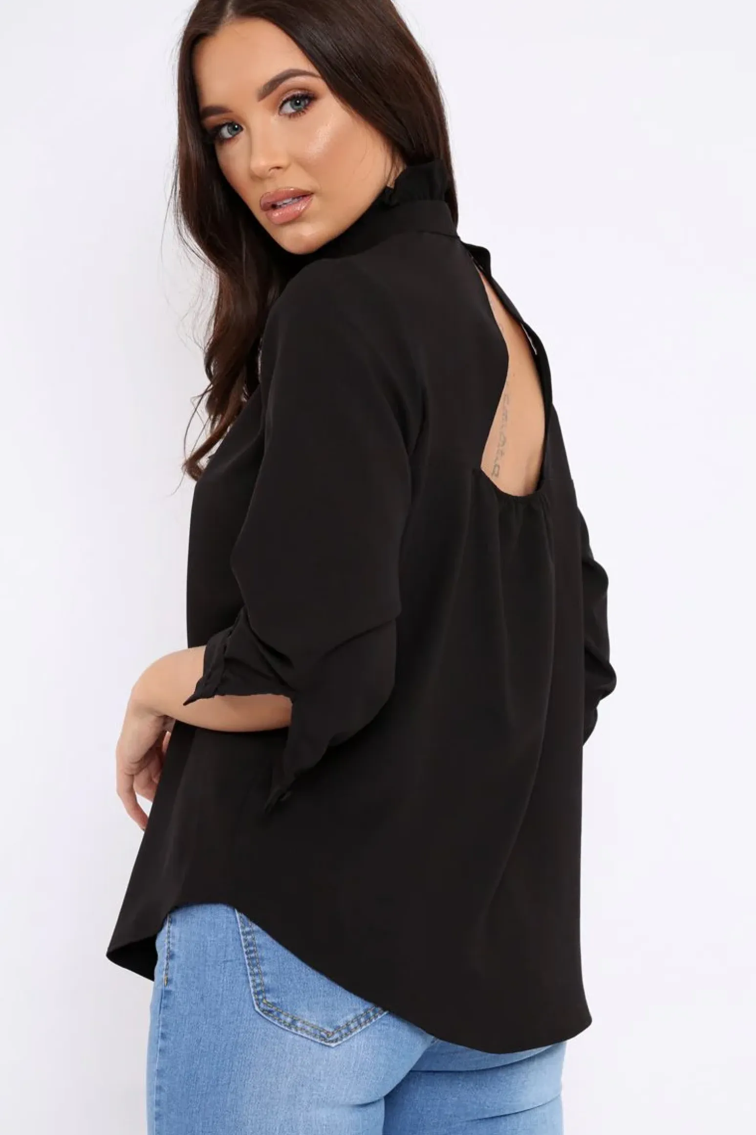 Rebellious Fashion Black Ruffle Neck Blouse with Cut out Back - Amelie
