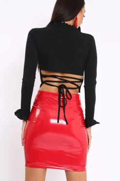 Rebellious Fashion Black Ruffle Neck Lace Up Back Crop Top - Lindsey