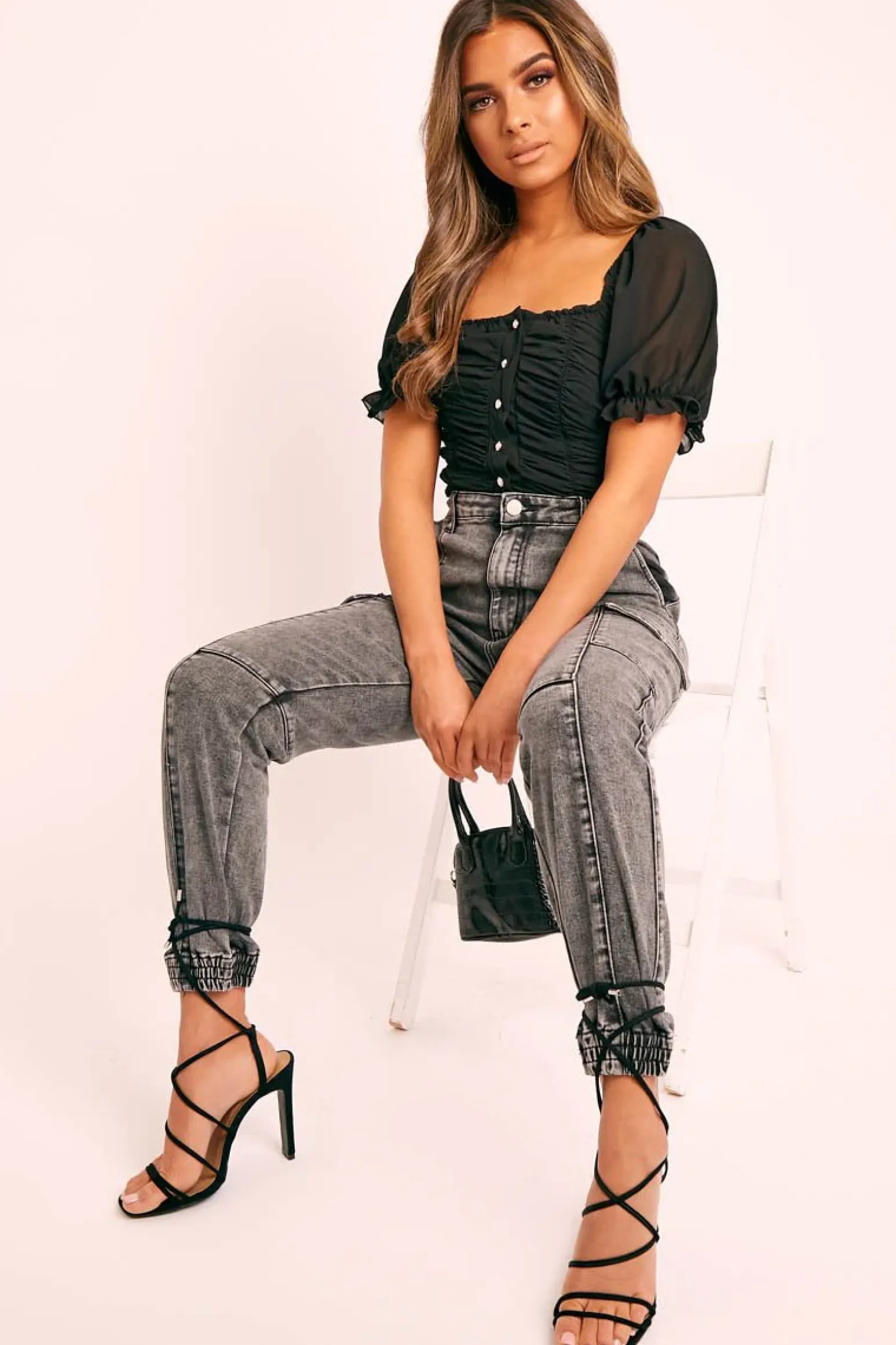 Rebellious Fashion Black Ruffle Pearl Button Crop Top - Stefani
