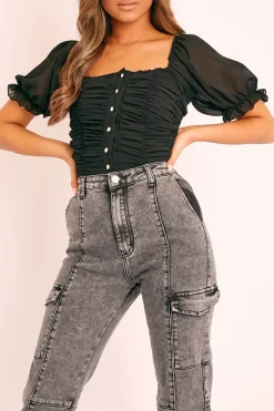 Rebellious Fashion Black Ruffle Pearl Button Crop Top - Stefani