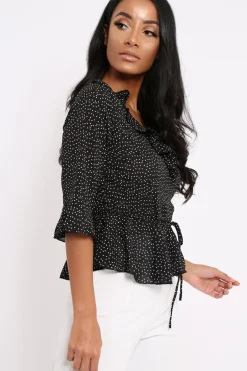 Rebellious Fashion Black Ruffle Polka Dot Blouse - Cassie
