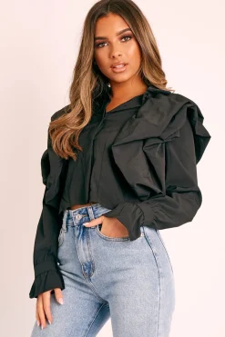 Rebellious Fashion Black Ruffle Shoulder Cropped Shirt - Fiorella