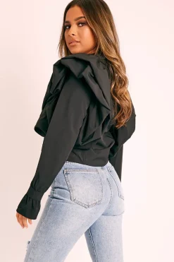 Rebellious Fashion Black Ruffle Shoulder Cropped Shirt - Fiorella