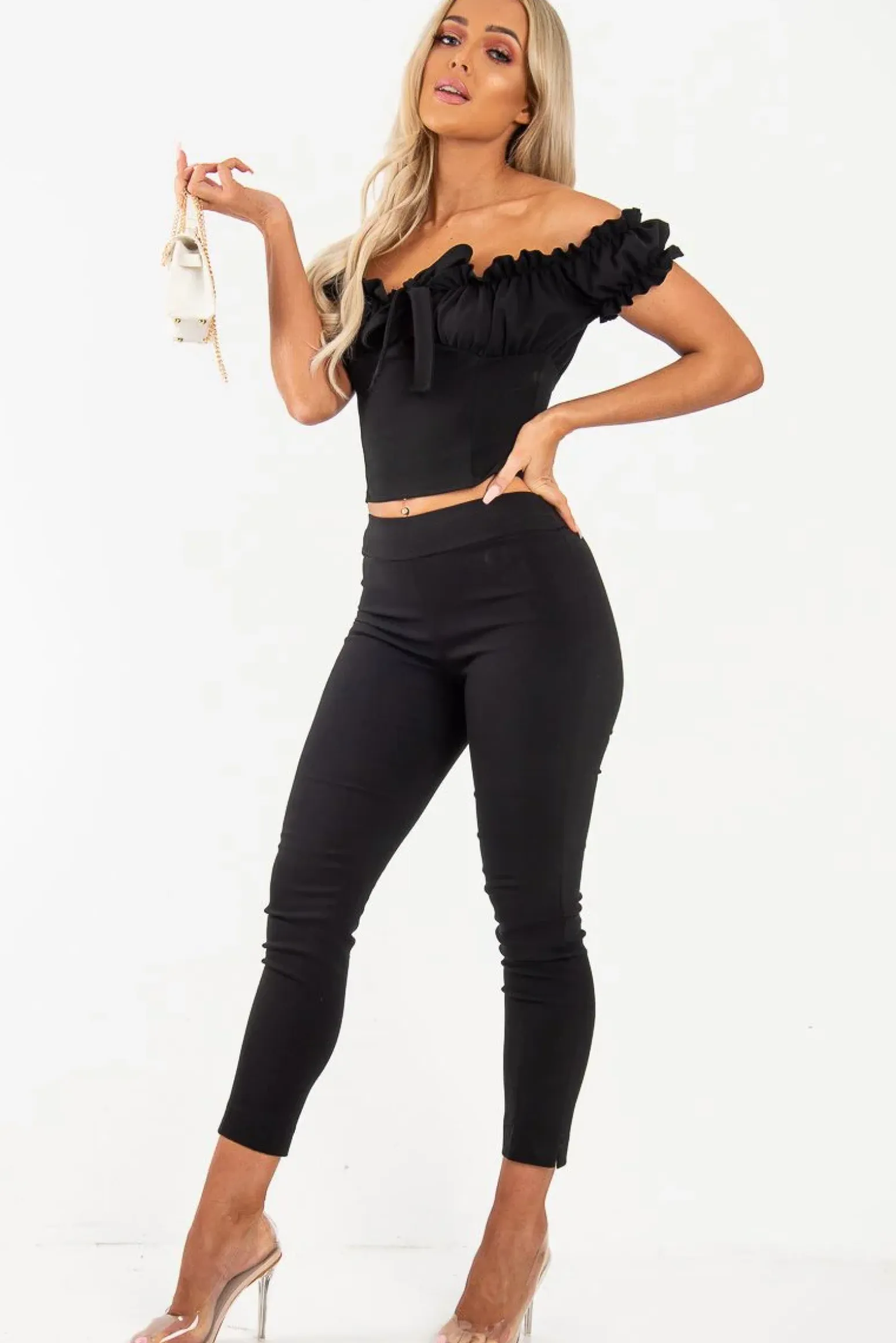 Rebellious Fashion Black Ruffle Tie Front Bardot Crop Top - Pandora