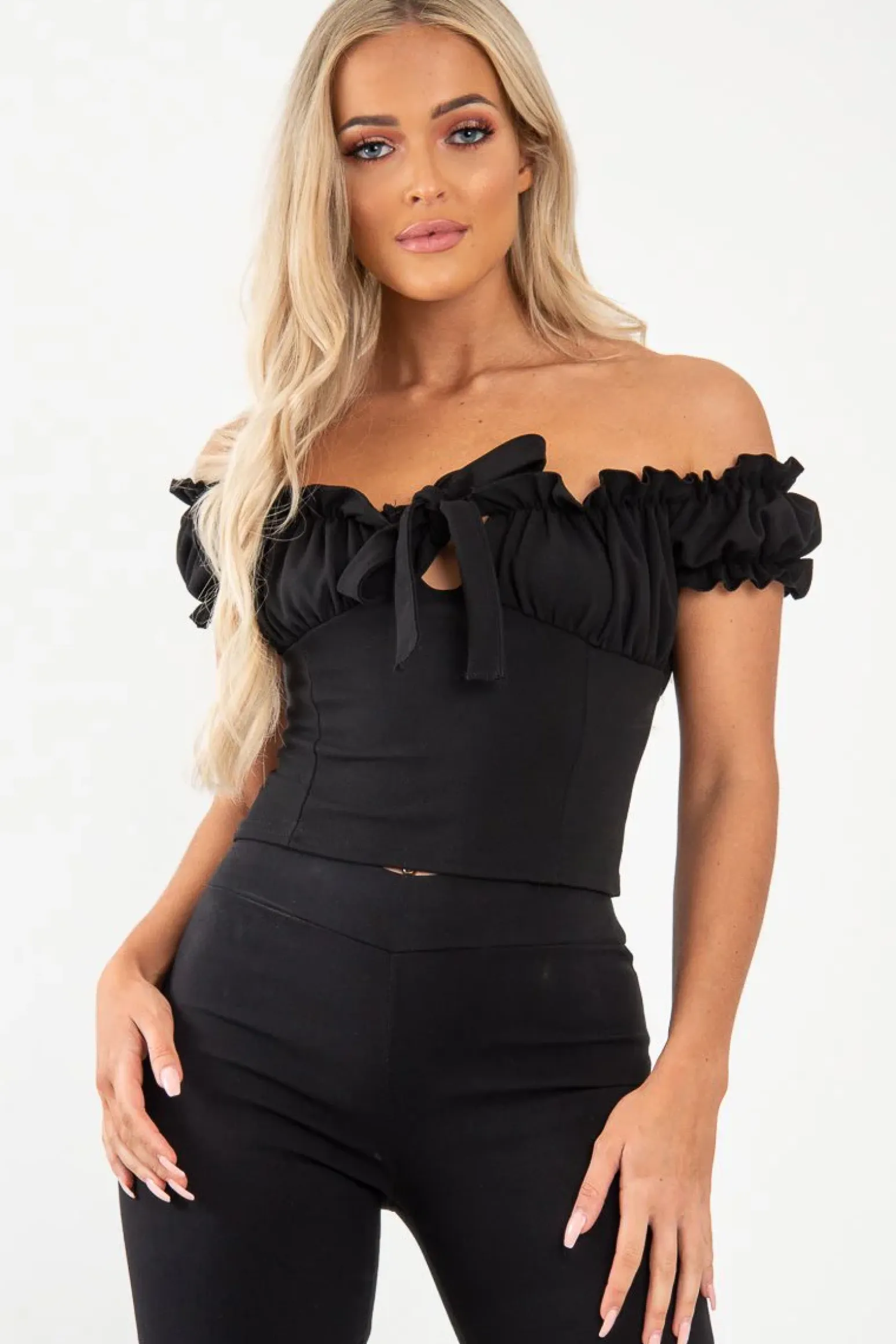 Rebellious Fashion Black Ruffle Tie Front Bardot Crop Top - Pandora