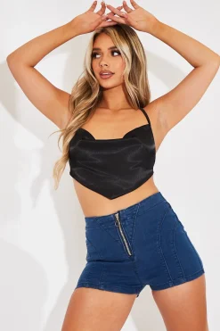 Rebellious Fashion Black Satin Bandana Halter Crop Top - Talisa