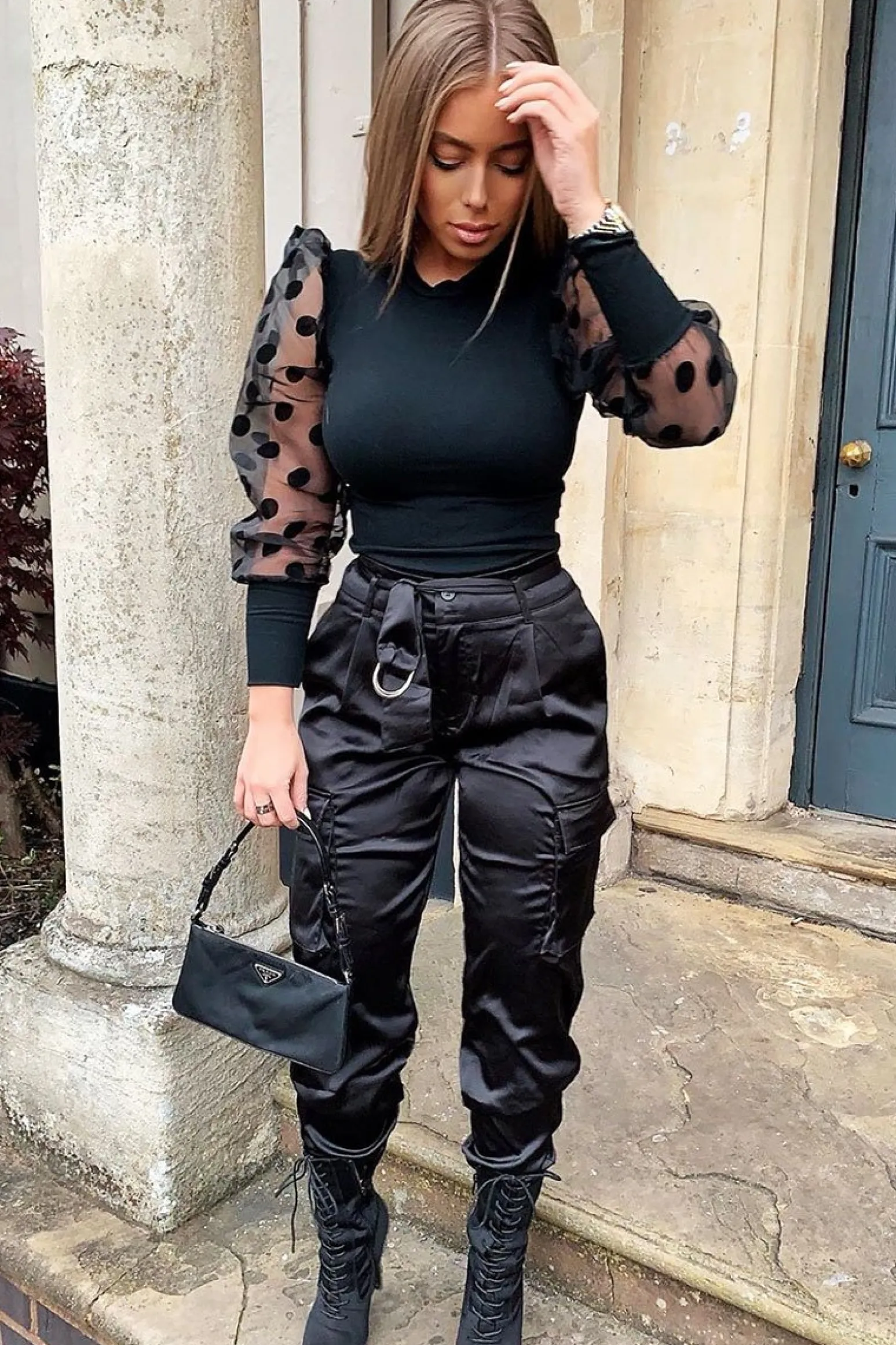 Rebellious Fashion Black Satin Belted Utility Pocket Double Buttoned Trousers - Una