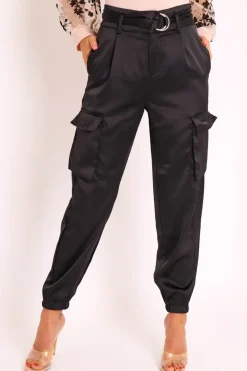 Rebellious Fashion Black Satin Belted Utility Pocket Double Buttoned Trousers - Una