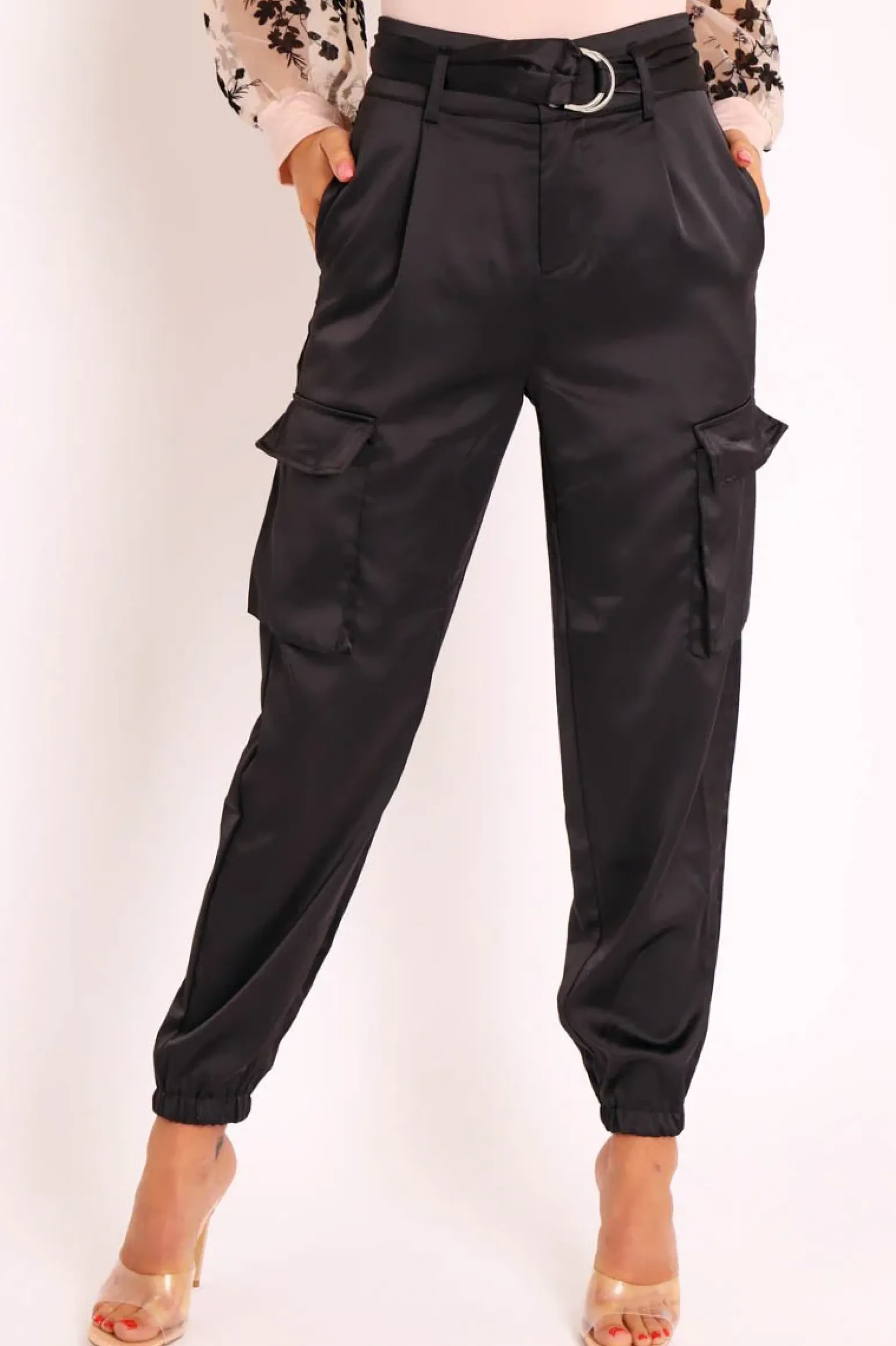 Rebellious Fashion Black Satin Belted Utility Pocket Double Buttoned Trousers - Una