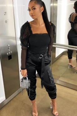 Rebellious Fashion Black Satin Belted Utility Pocket Double Buttoned Trousers - Una