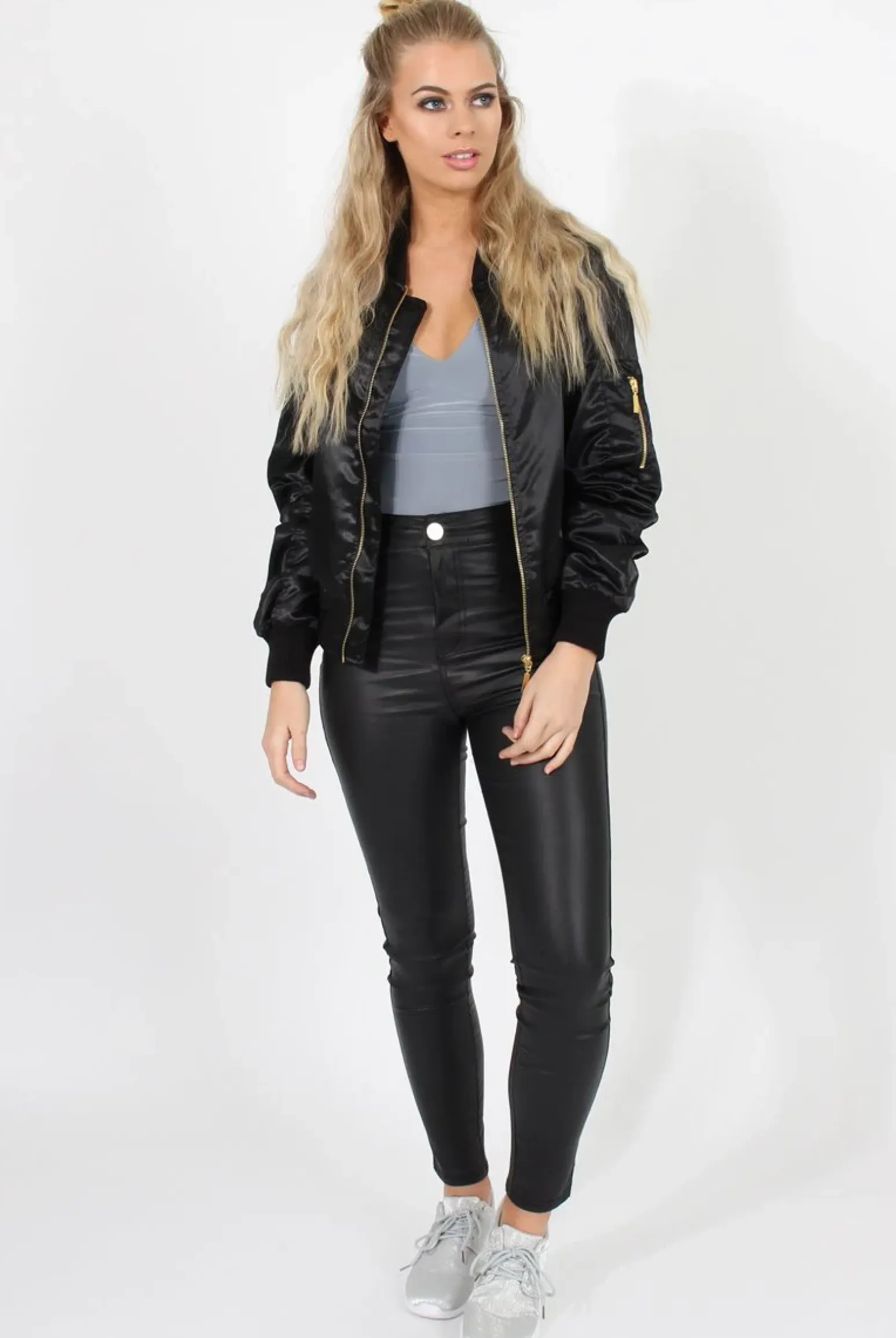 Rebellious Fashion Black Satin Bomber Jacket - Neve