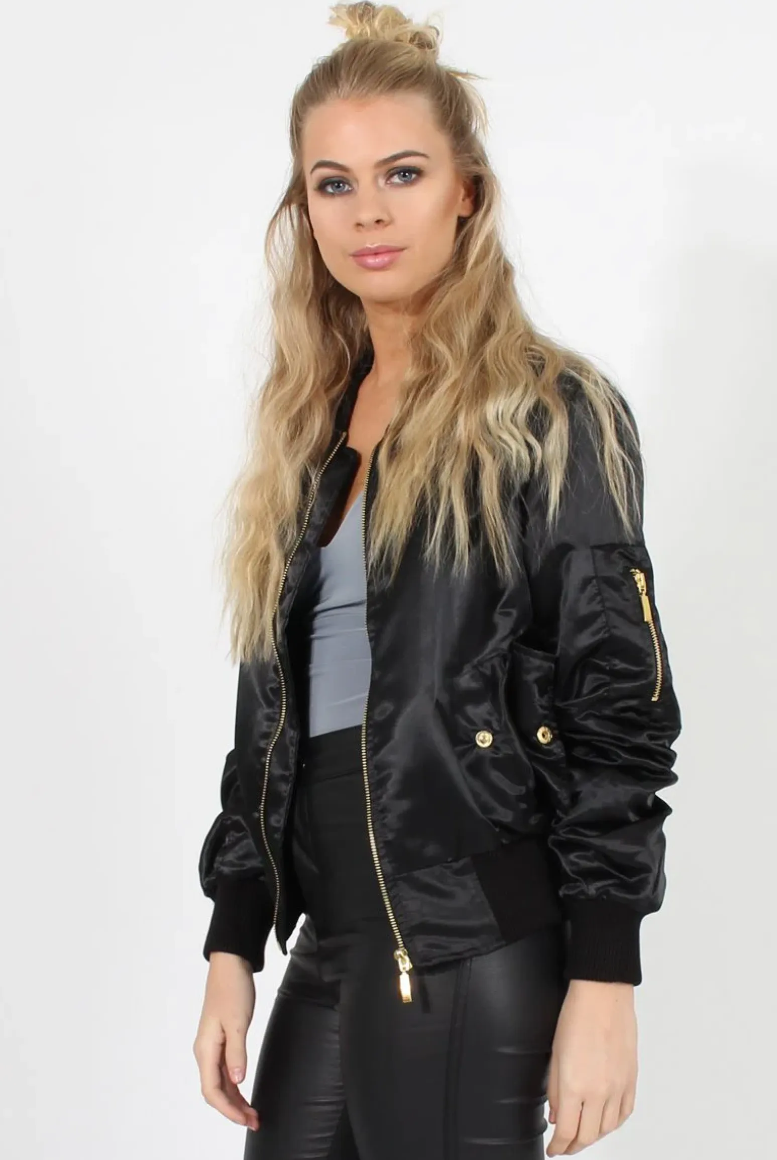 Rebellious Fashion Black Satin Bomber Jacket - Neve