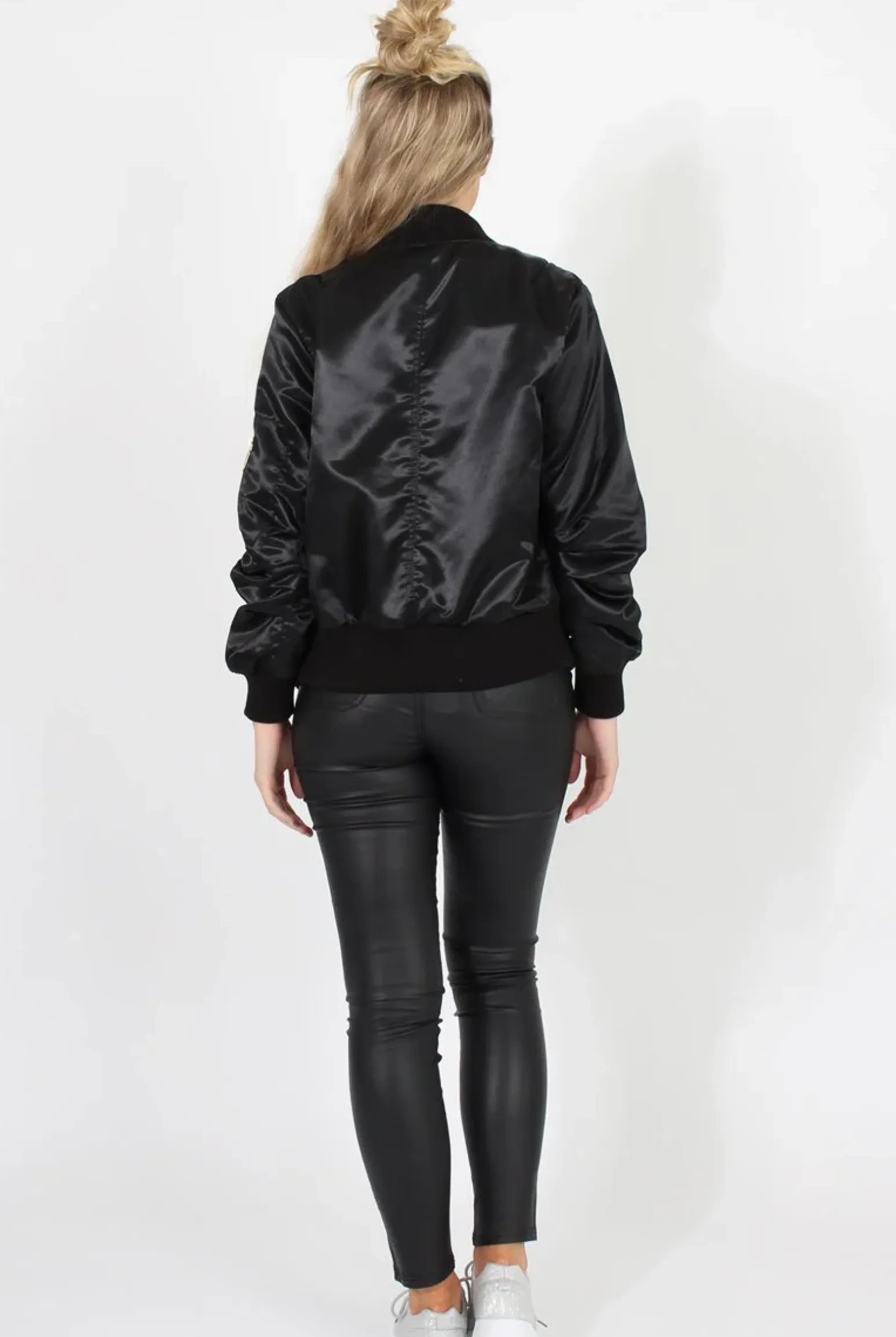 Rebellious Fashion Black Satin Bomber Jacket - Neve