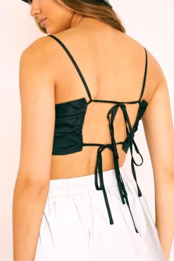 Rebellious Fashion Black Satin Bow Tie Back Crop Top - Jeylin