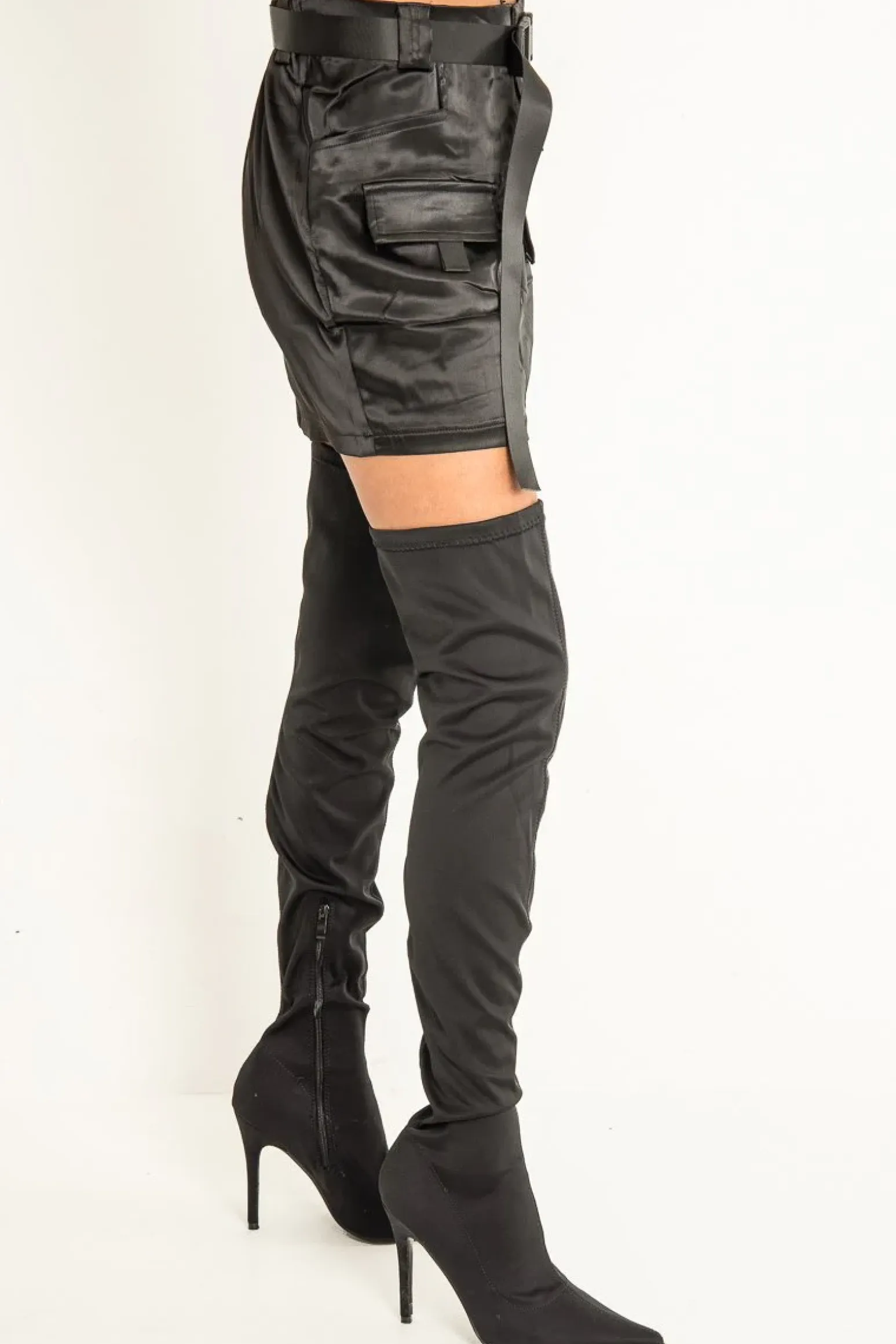 Rebellious Fashion Black Satin Buckle Belted Utility Skirt - Ishi