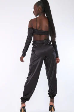 Rebellious Fashion Black Satin Cargo Trousers - Maeve