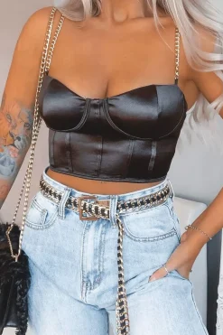 Rebellious Fashion Black Satin Corset Detail Chain Strap Crop Top - Vinisha
