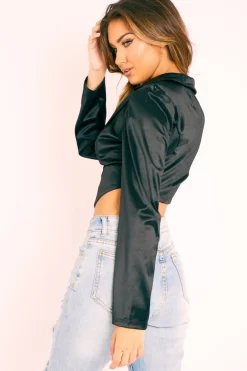 Rebellious Fashion Black Satin Corset Detail Plunge Blouse - Myha