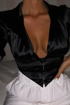 Rebellious Fashion Black Satin Corset Detail Plunge Blouse - Myha
