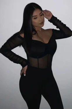 Rebellious Fashion Black Satin Corset Ruched Arm Bodysuit - Hartlee