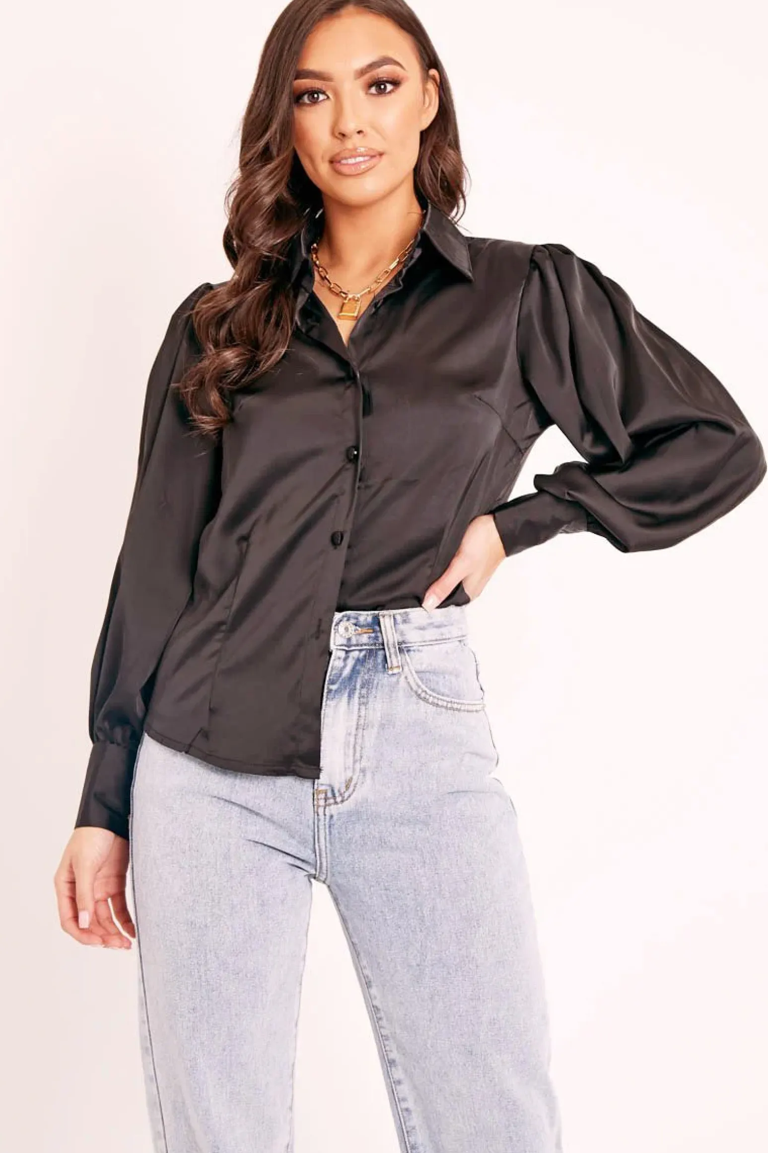 Rebellious Fashion Black Satin Covered Button Shirt - Eliza