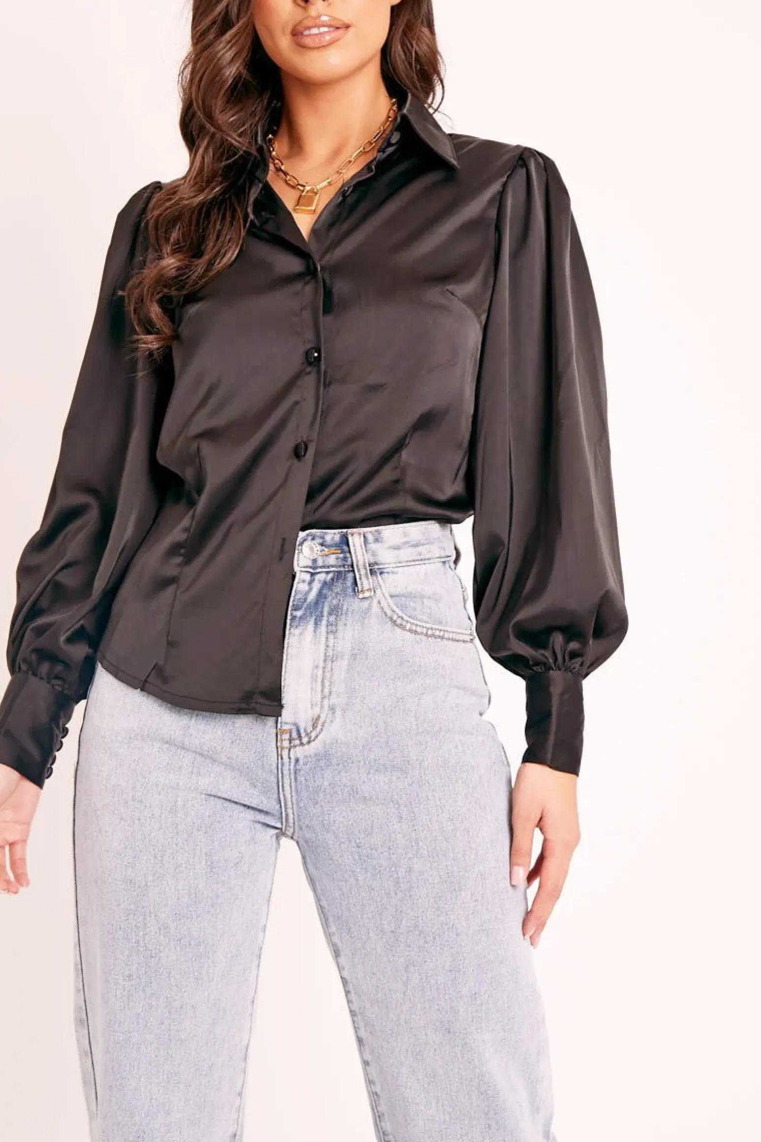 Rebellious Fashion Black Satin Covered Button Shirt - Eliza